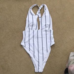 White blackstriped one piece bathing suit